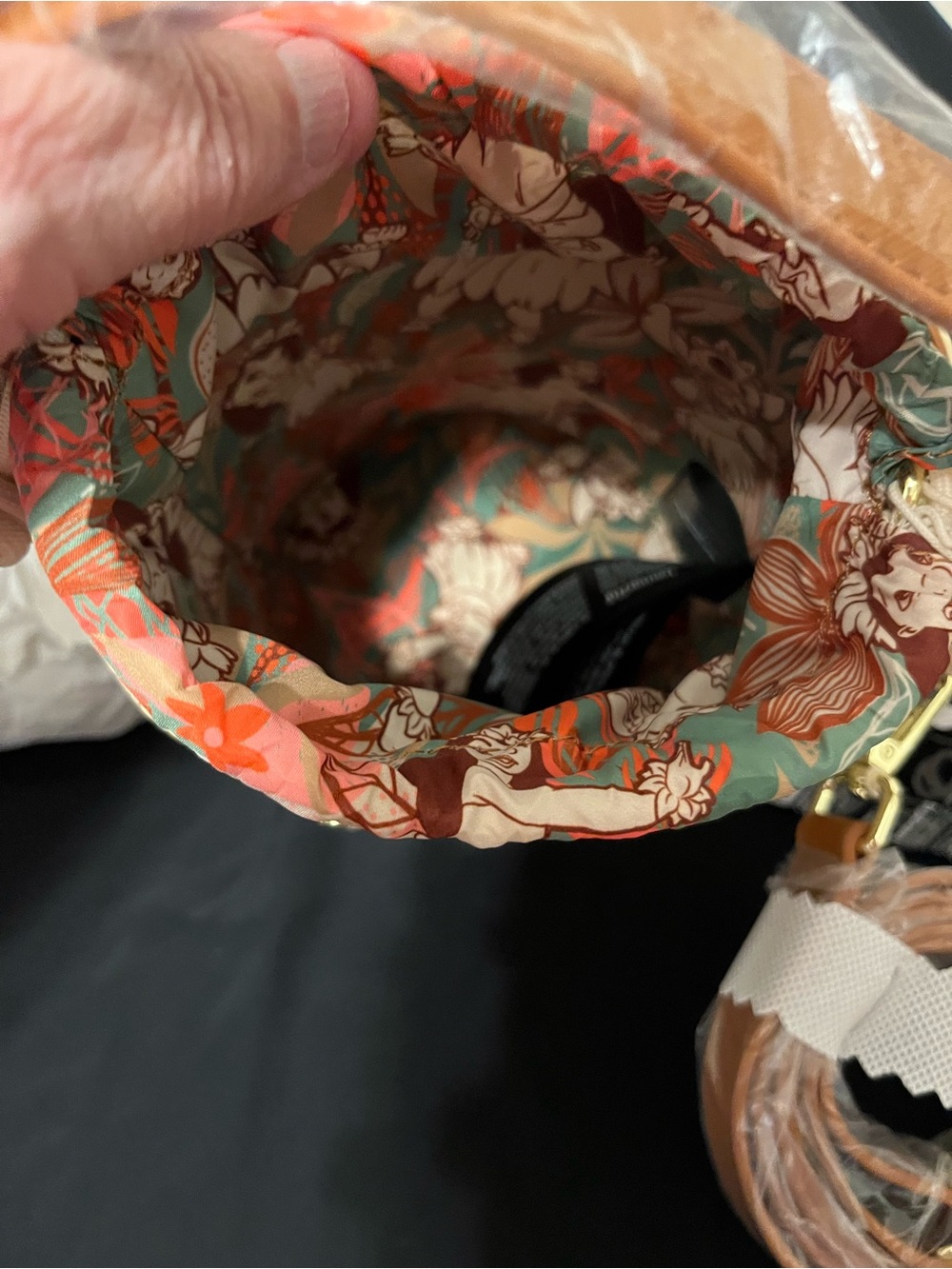 Loungefly Cream Floral Bucket Bag with Coral and Teal Drawstring - Picture 6 of 6